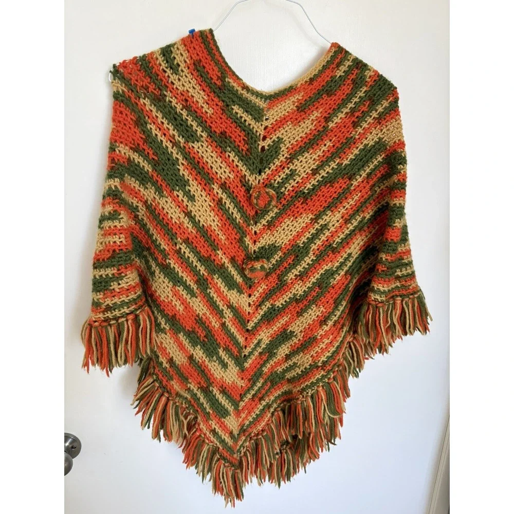 Vintage Crochet Granny Poncho Multicolor Fringe Boho Handmade Cape Wrap rainbow